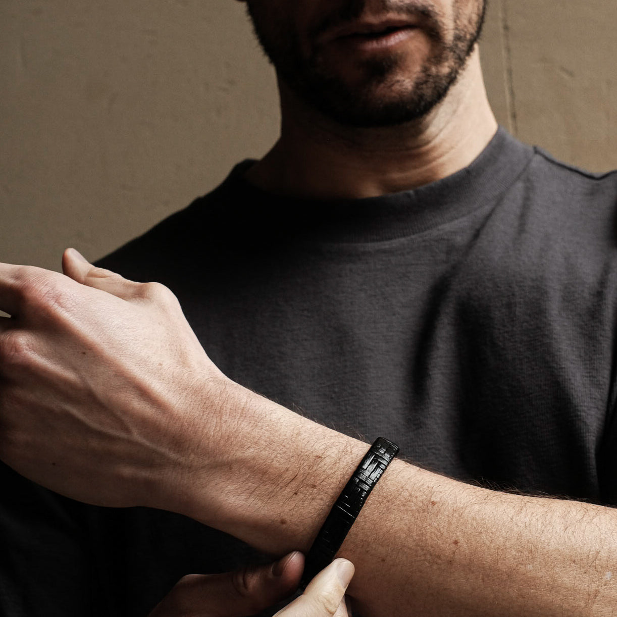 Black Leather Herringbone Stainless Steel Bracelet