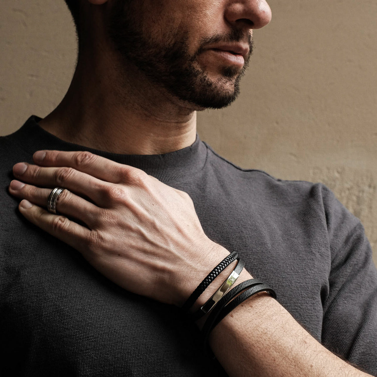 Black Layered Bar Braided Leather Bracelet