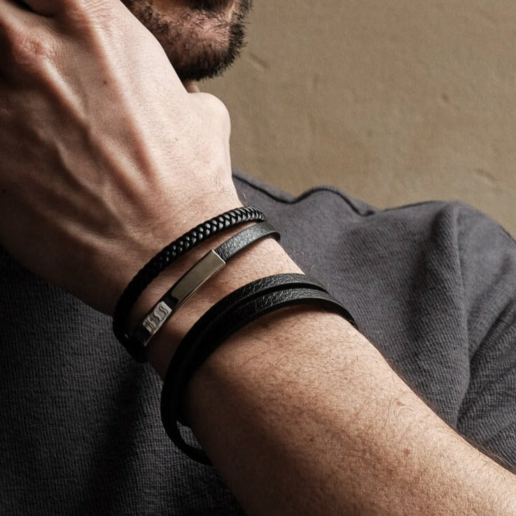 Black Layered Bar Braided Leather Bracelet