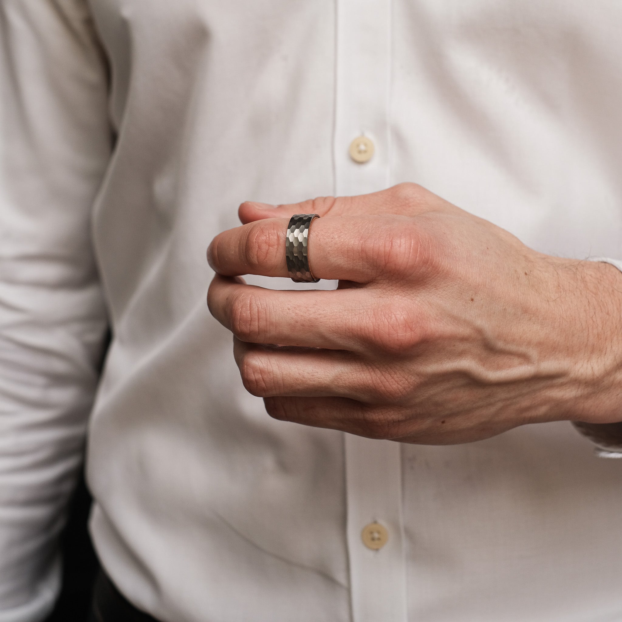 The Armstrong - Silver Hammered Tungsten Koa Wood Ring