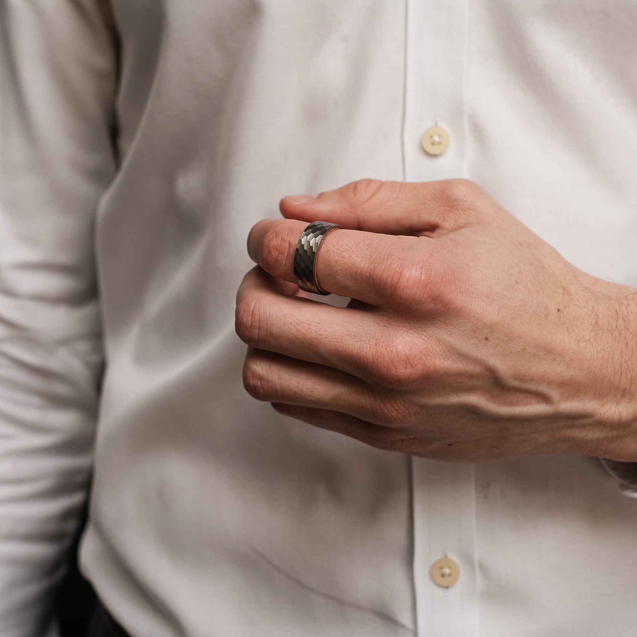 The Armstrong - Silver Hammered Tungsten Koa Wood Ring