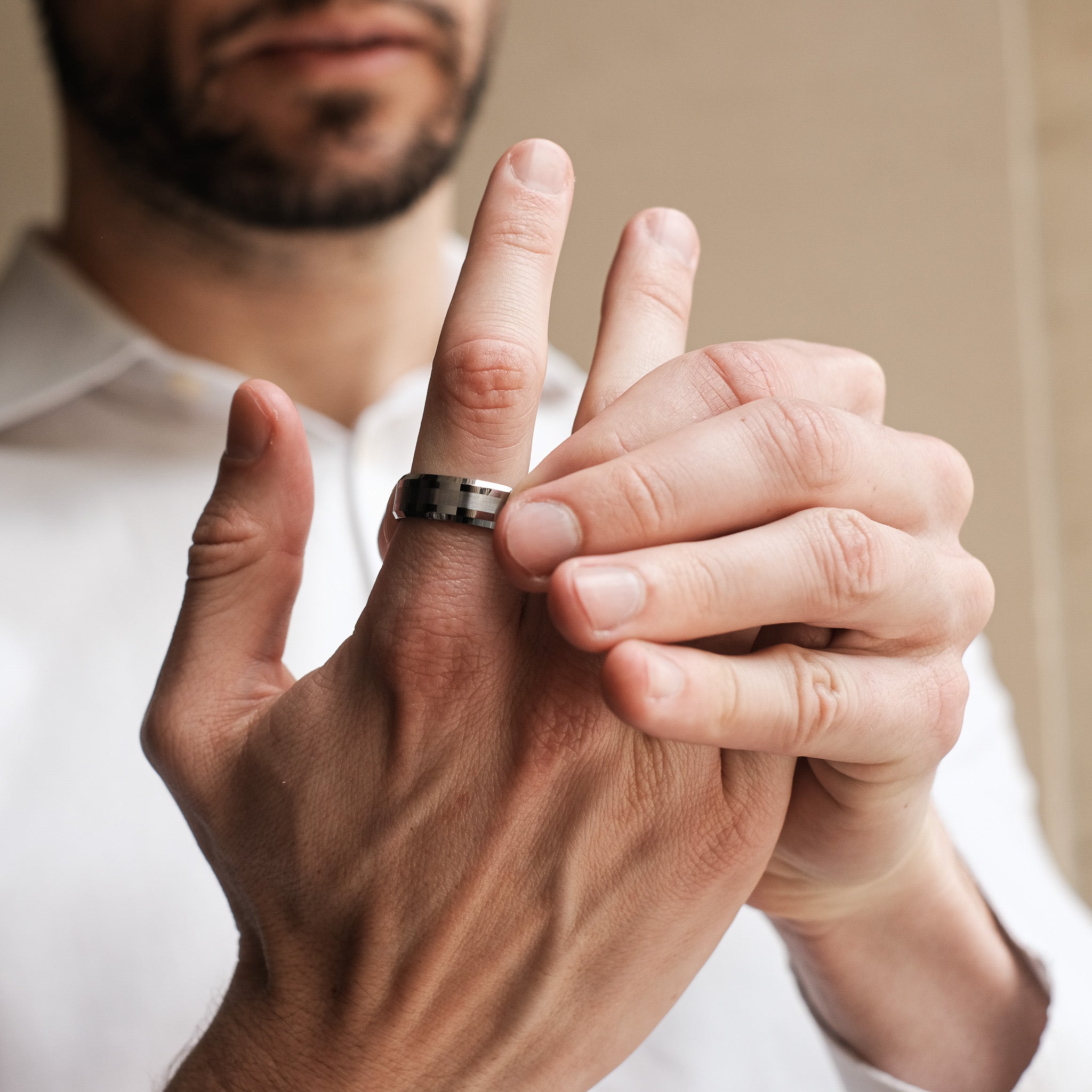 The Grandeur - Silver Brushed Beveled Tungsten Ring