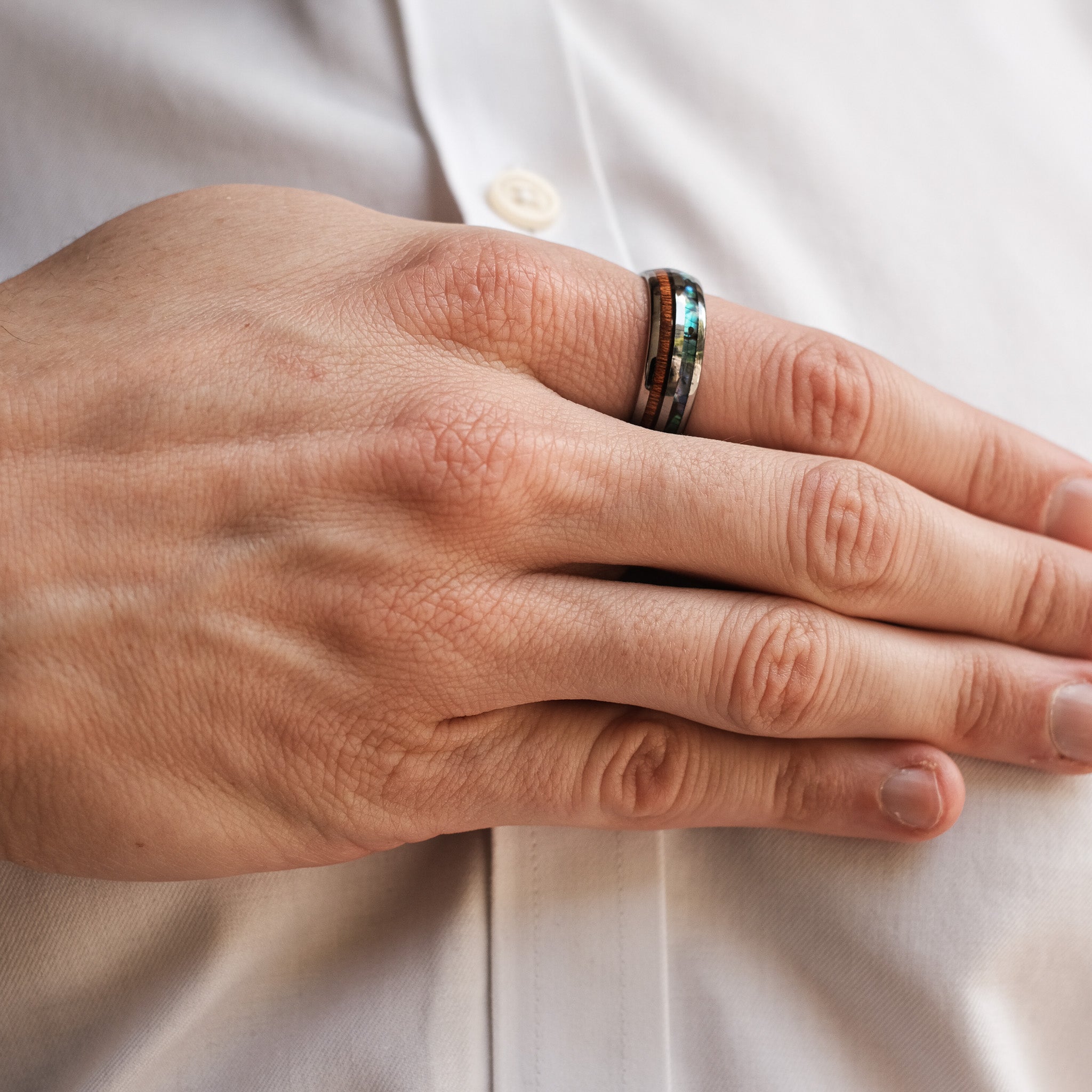 The Mariner - Silver Abalone Tungsten Koa Wood Ring