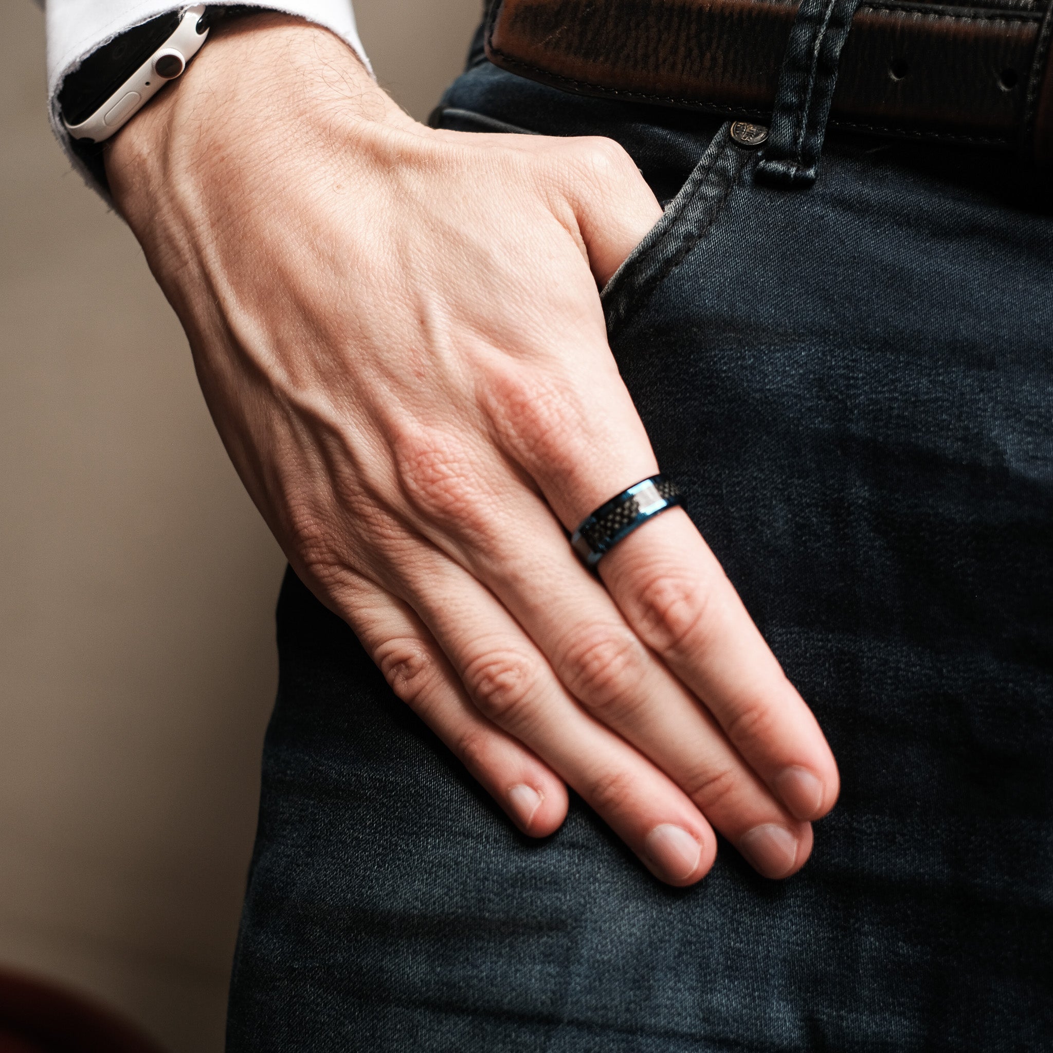 The Novus - Blue Carbon Fibre Tungsten Beveled Ring