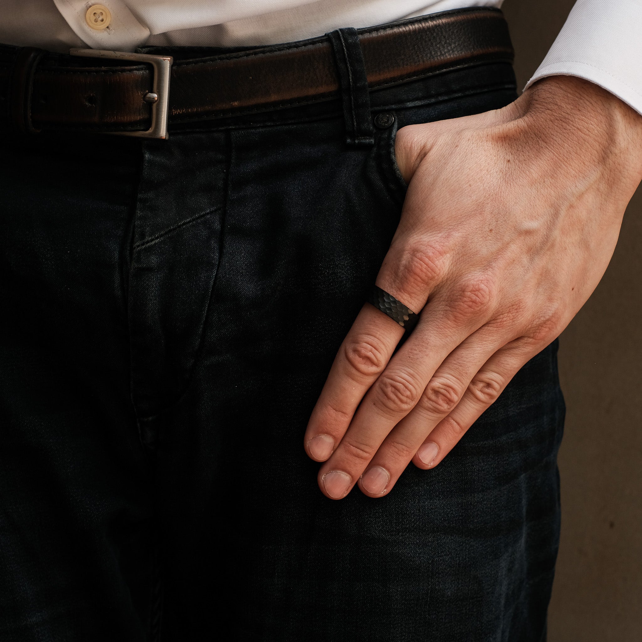 The Vanguard - Black Hammered Tungsten Koa Wood Ring