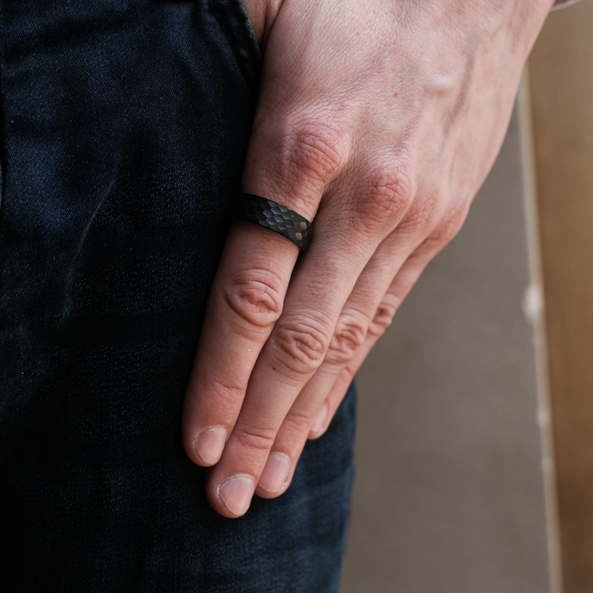 The Vanguard - Black Hammered Tungsten Koa Wood Ring