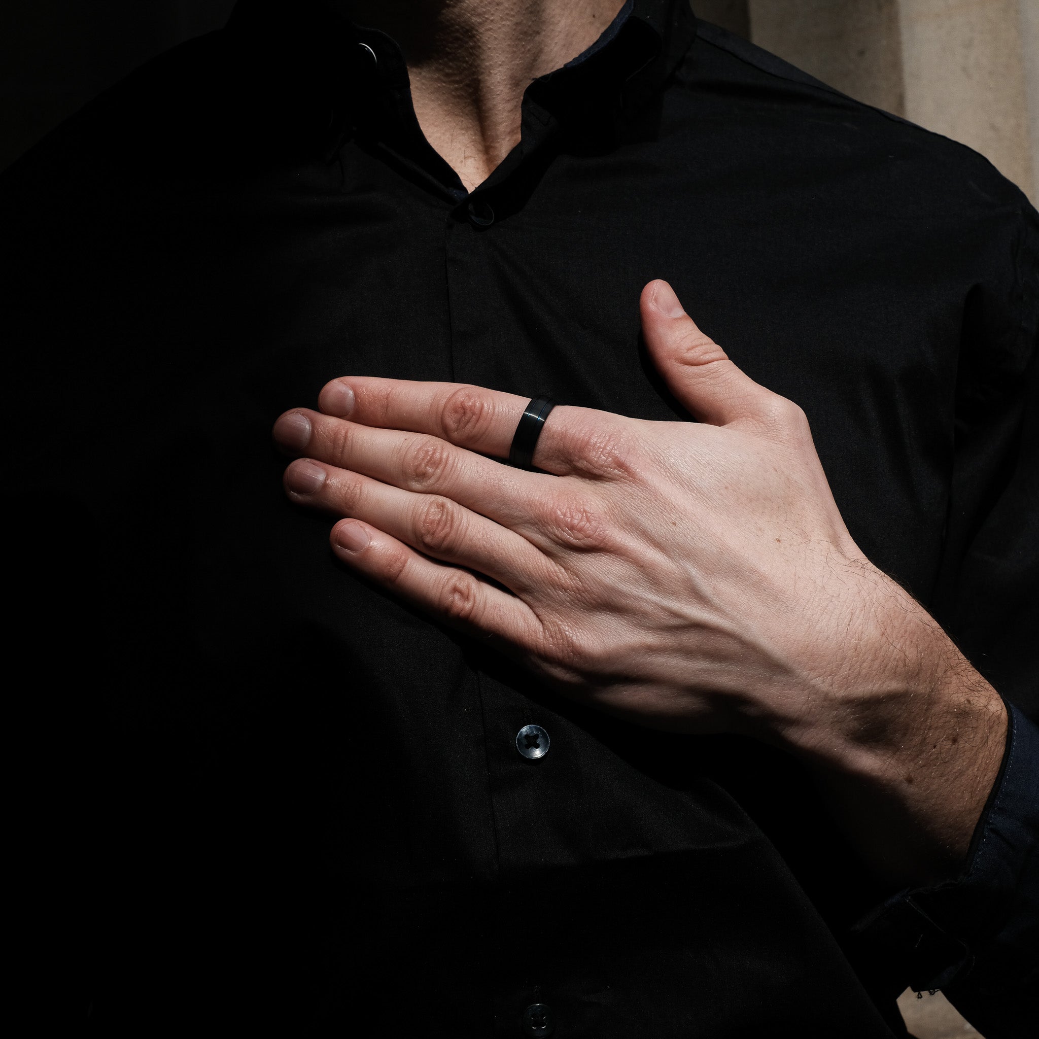 The Revive - Black Brushed With Blue Inlay Tungsten Curved Ring