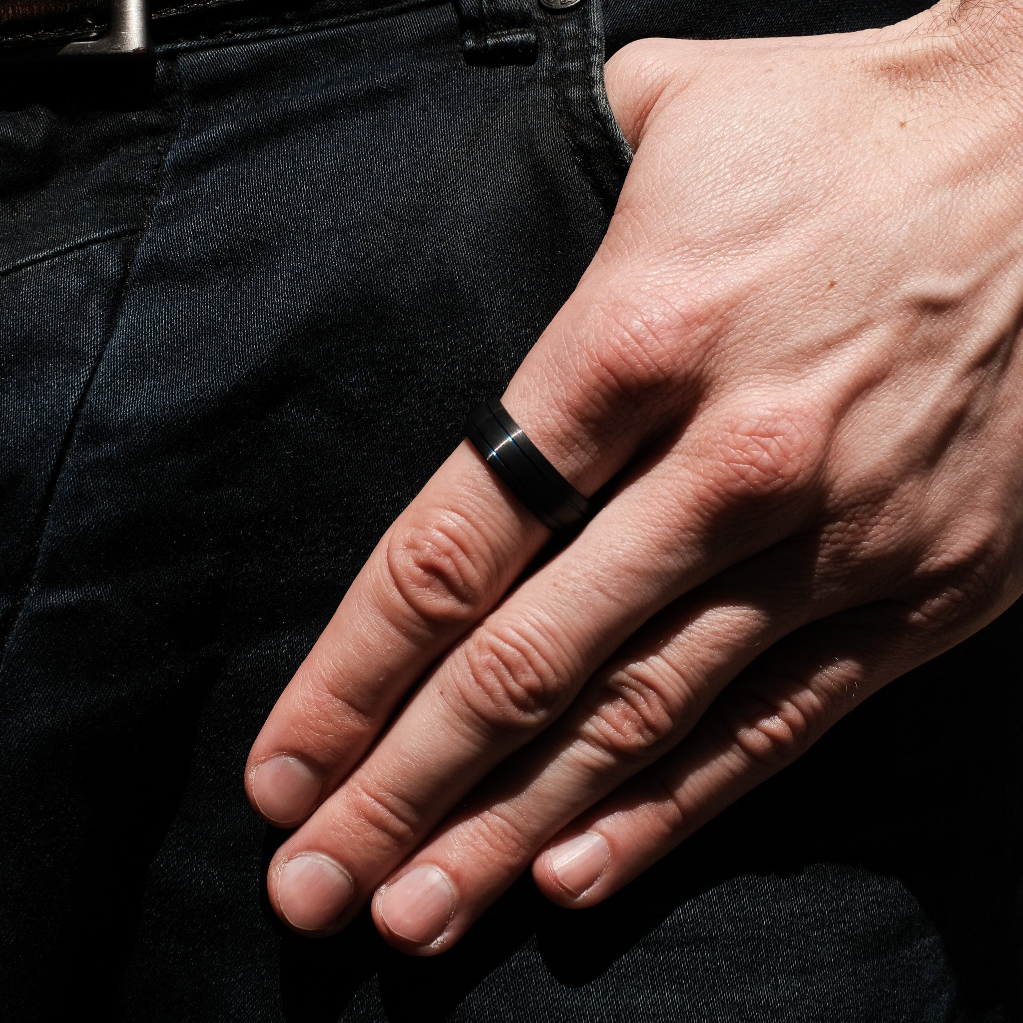 The Revive - Black Brushed With Blue Inlay Tungsten Curved Ring