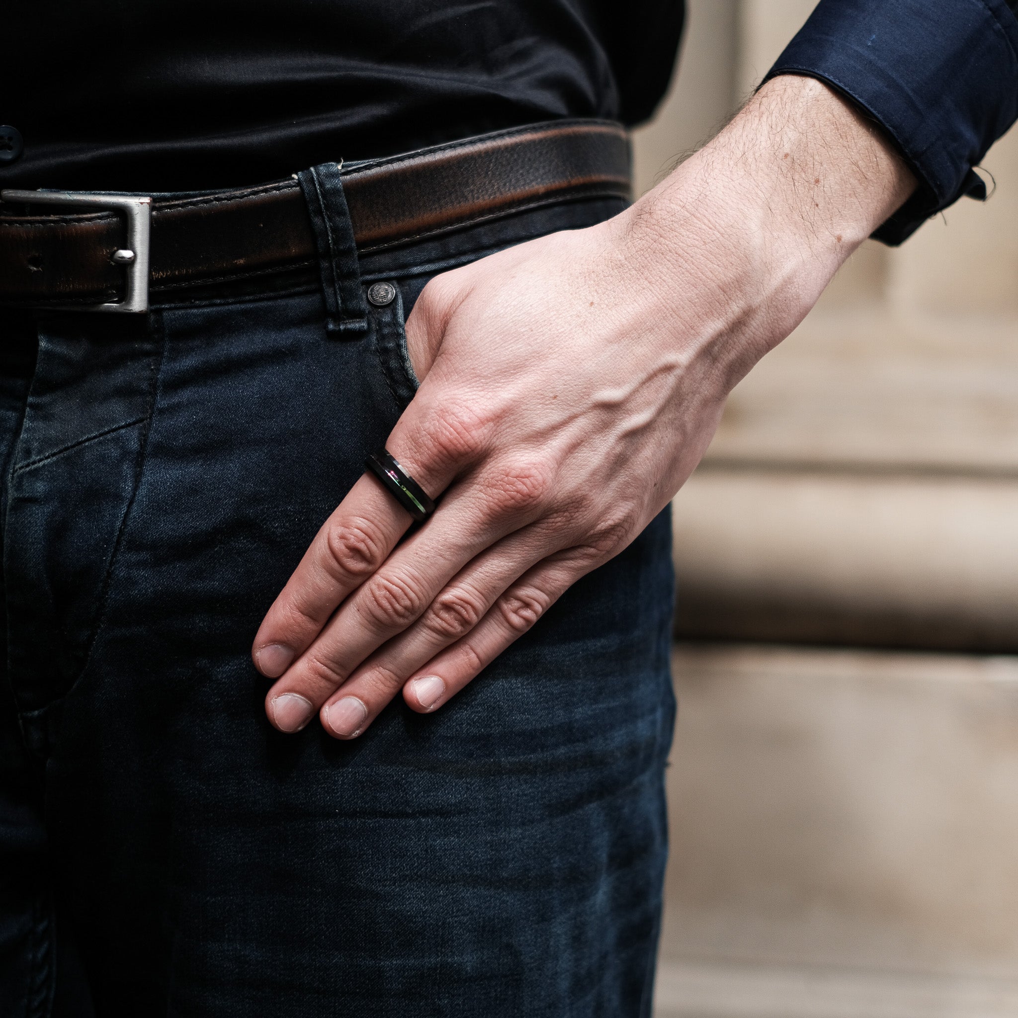 The Raver - Black Brushed Rainbow Inlay Tungsten Ring