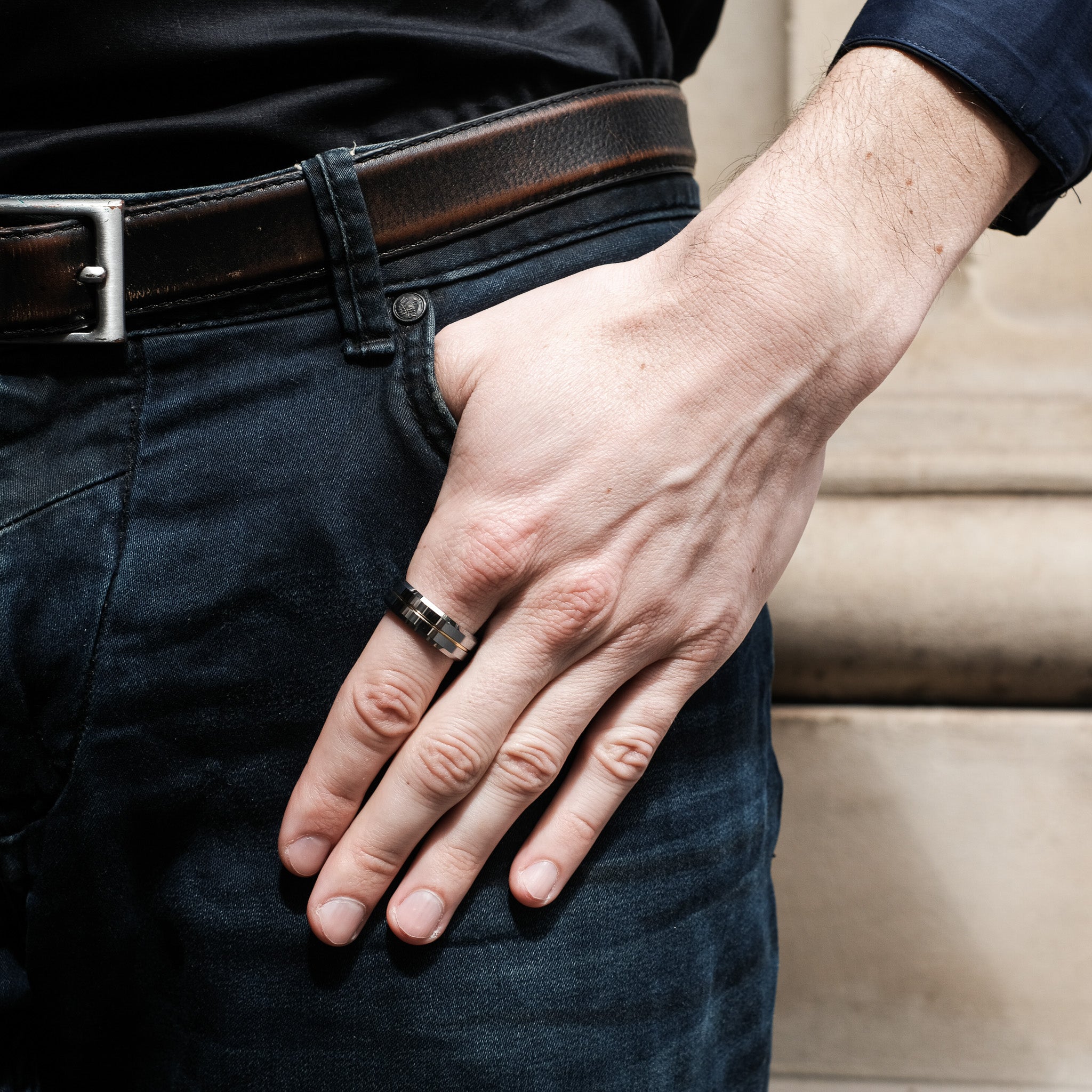 The Guardian - Silver With Gold Inlay Beveled Tungsten Ring