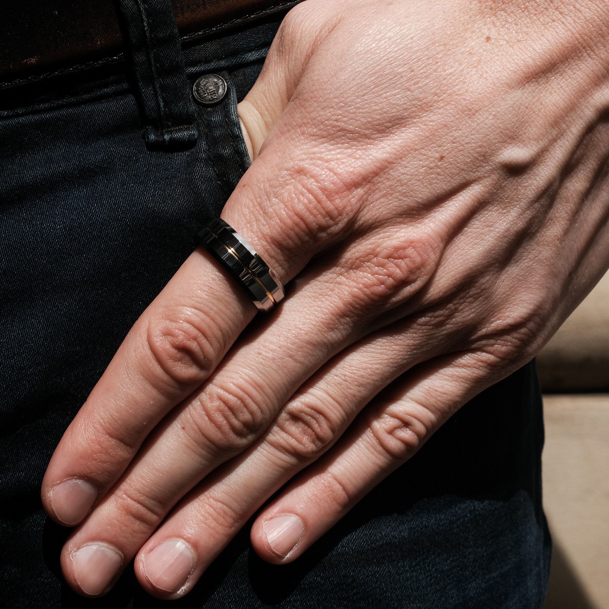 The Guardian - Silver With Gold Inlay Beveled Tungsten Ring