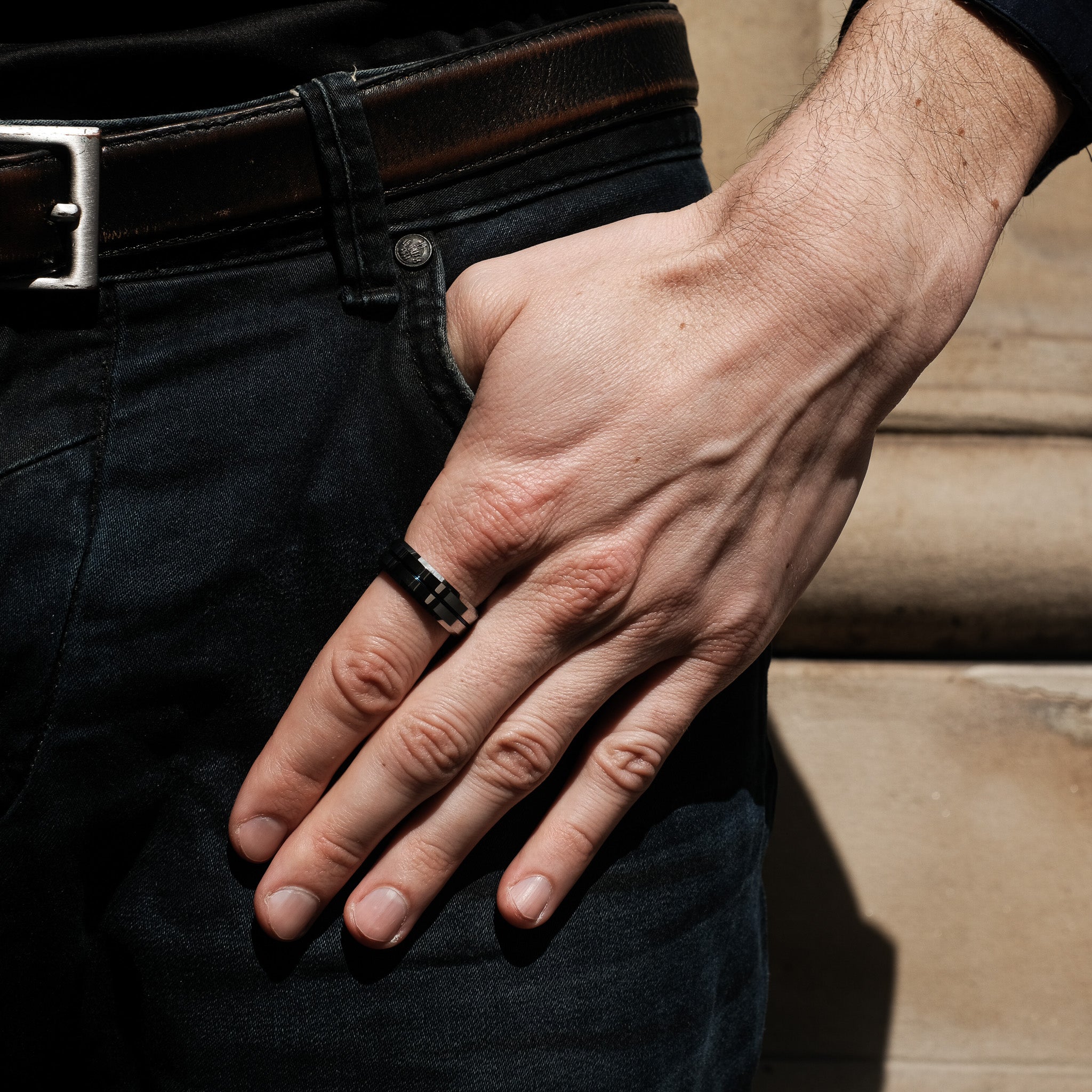 The Sergeant - Silver Tungsten Blue Inlay Beveled Ring