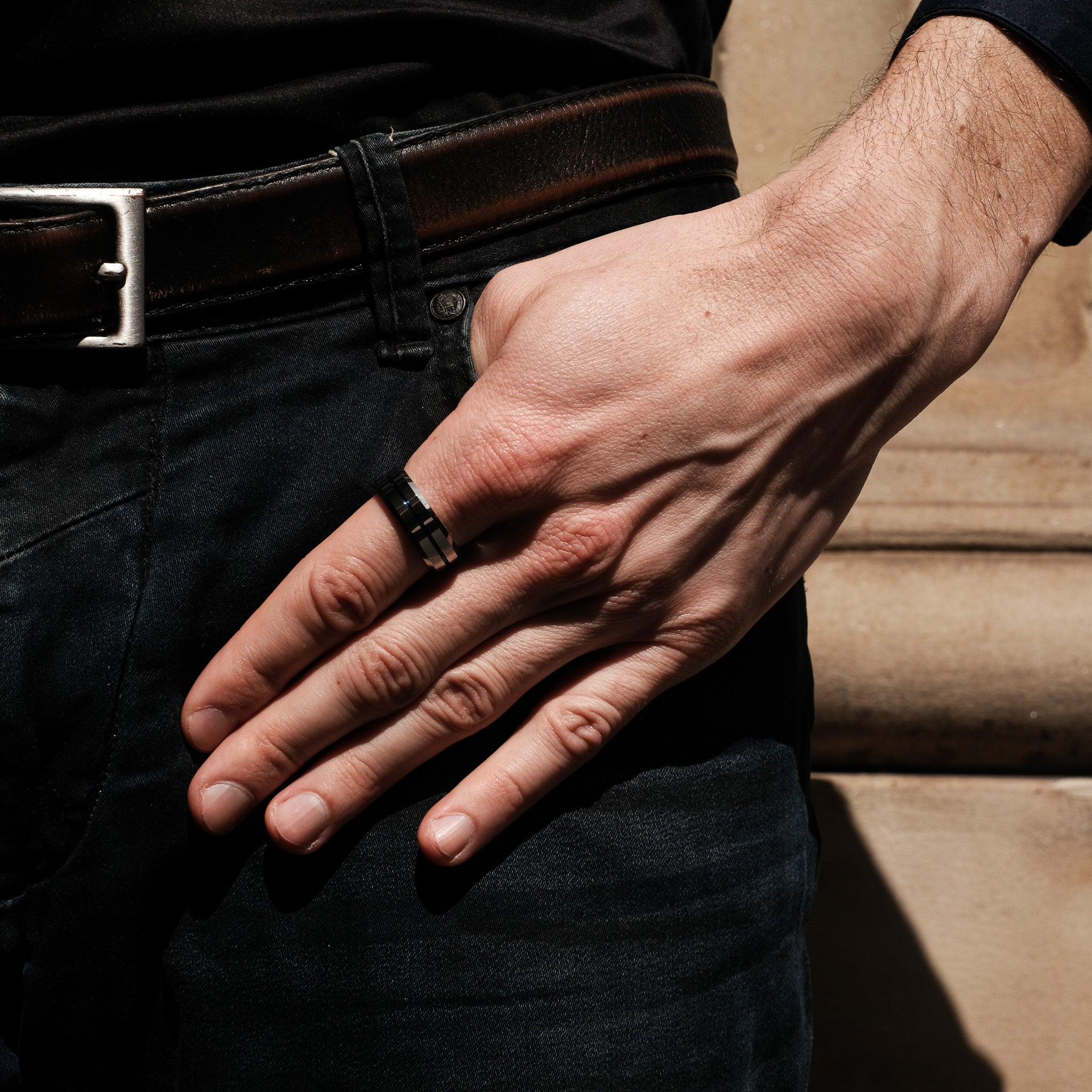 The Sergeant - Silver Tungsten Blue Inlay Beveled Ring