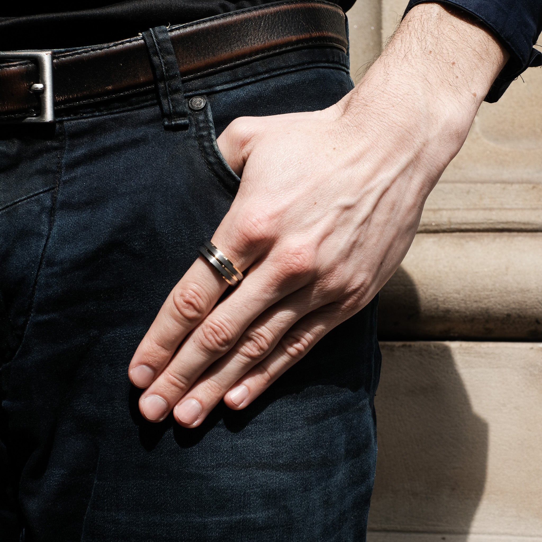 The Embrace - Silver Brushed Gold Inlay Beveled Tungsten Ring