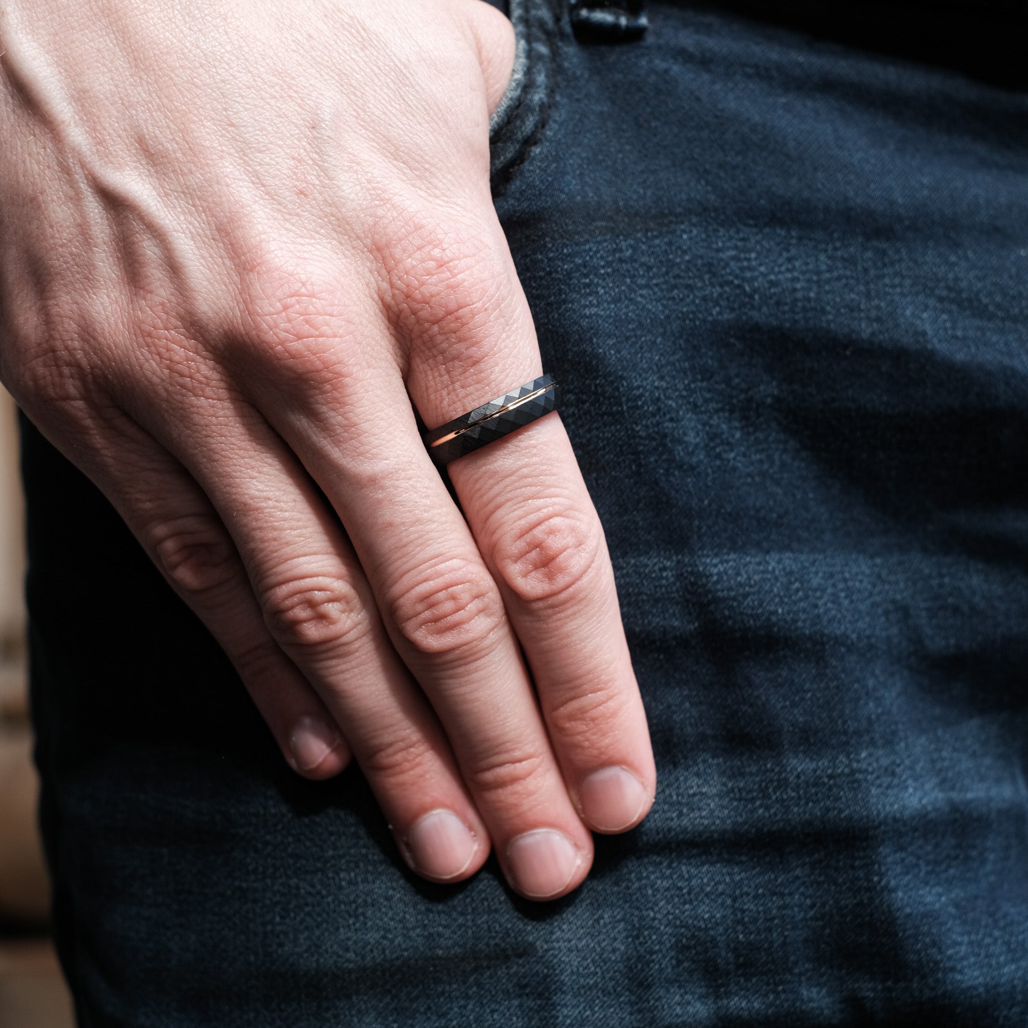 The Magnate - Black 6mm Faceted With Rose Gold Inlay Tungsten Ring