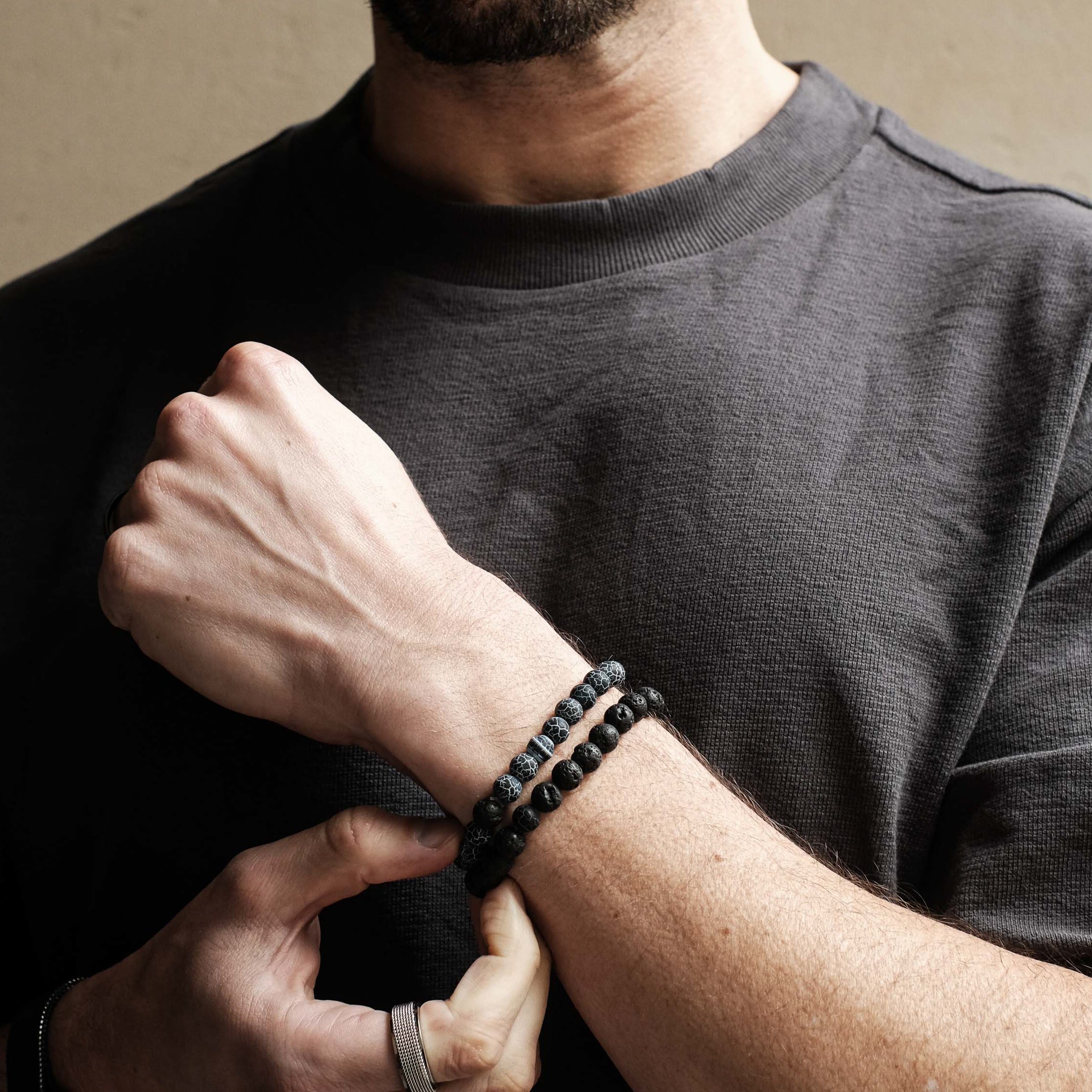 Blue Agate & Black Lava Bracelet Set