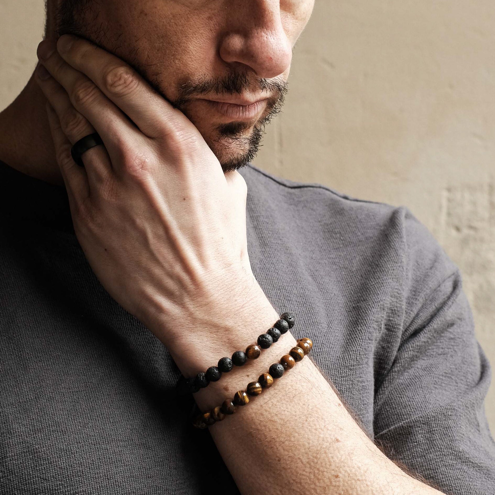 Brown Tiger Eye & Black Lava Bracelet Set