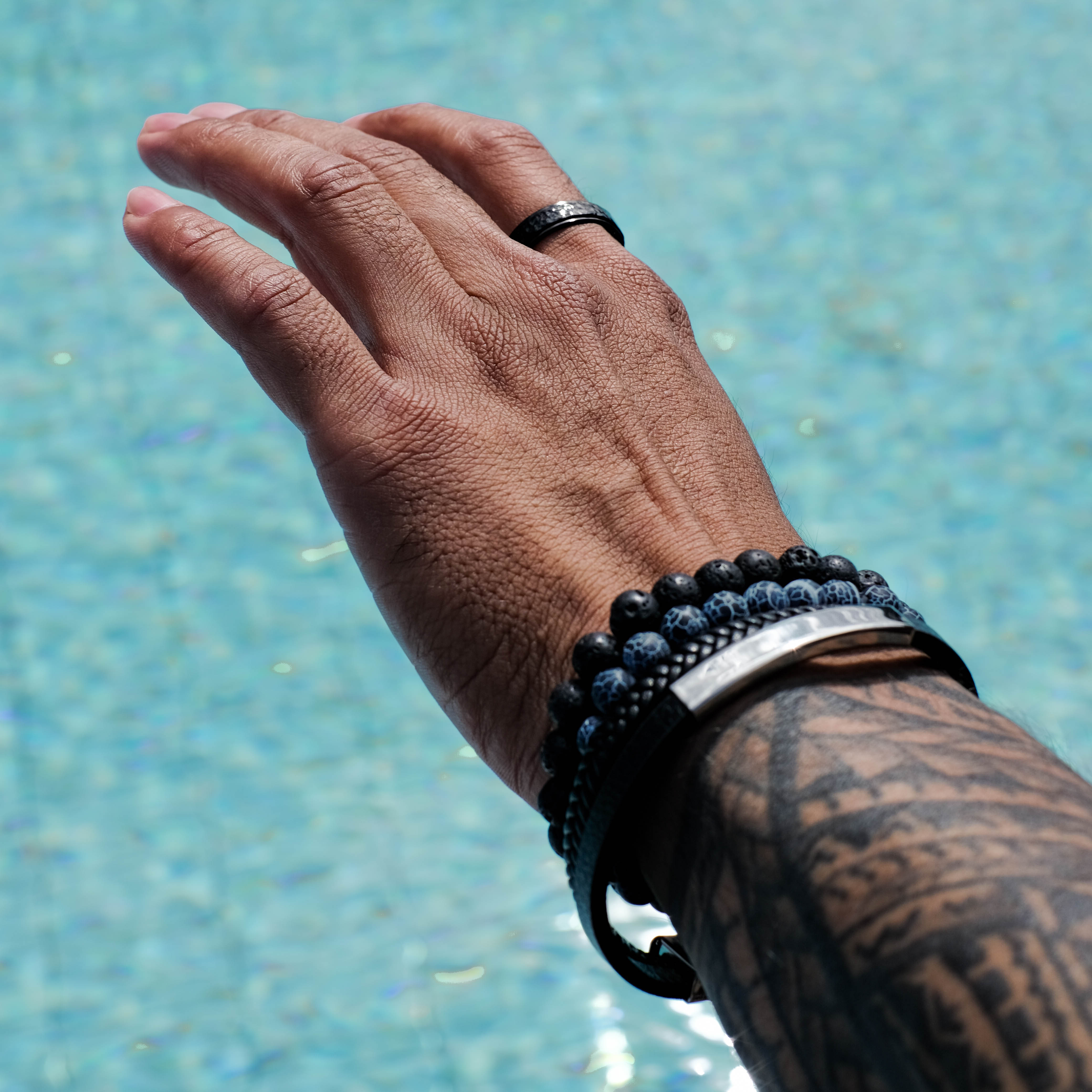 Blue Agate & Black Lava Bracelet Set