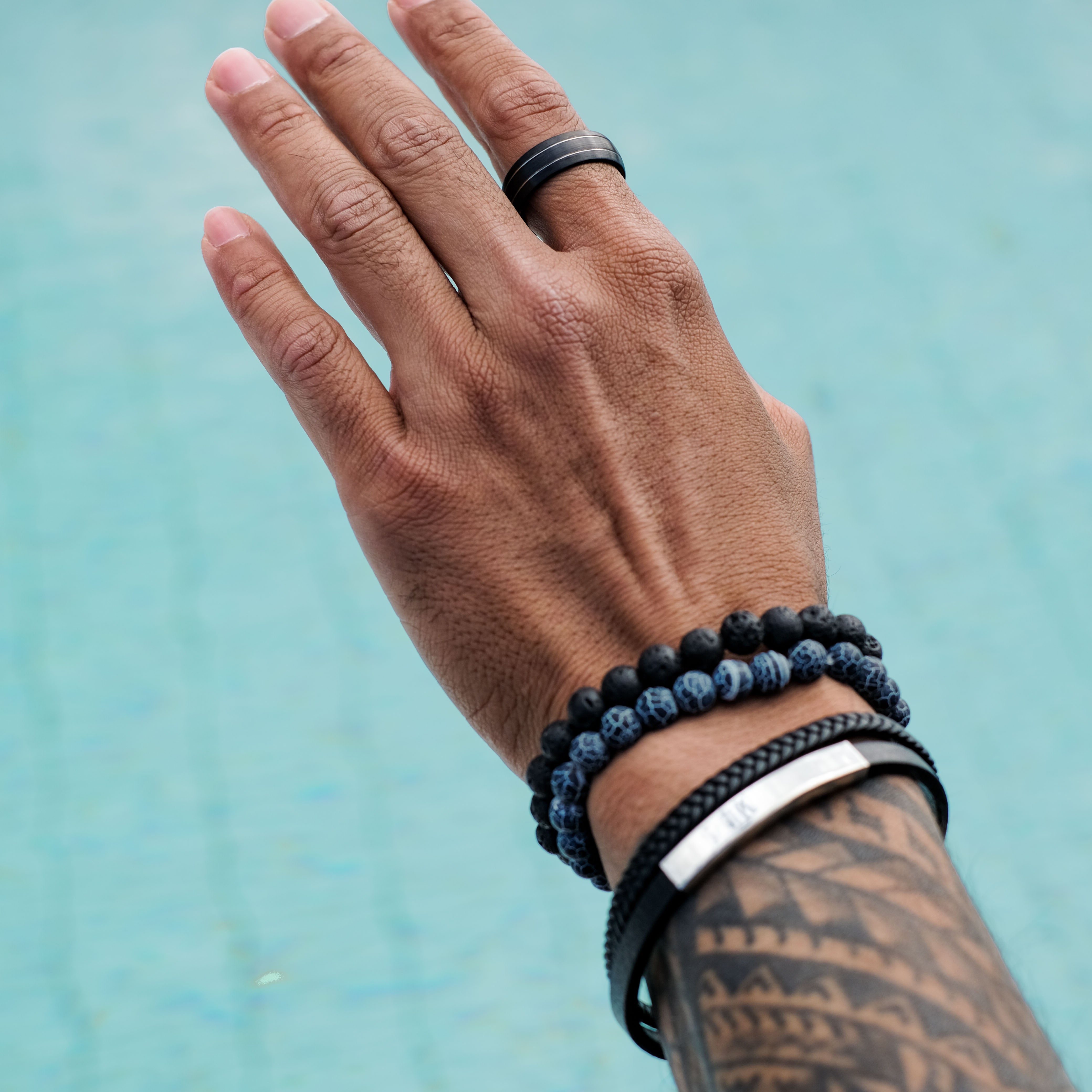 Blue Agate & Black Lava Bracelet Set