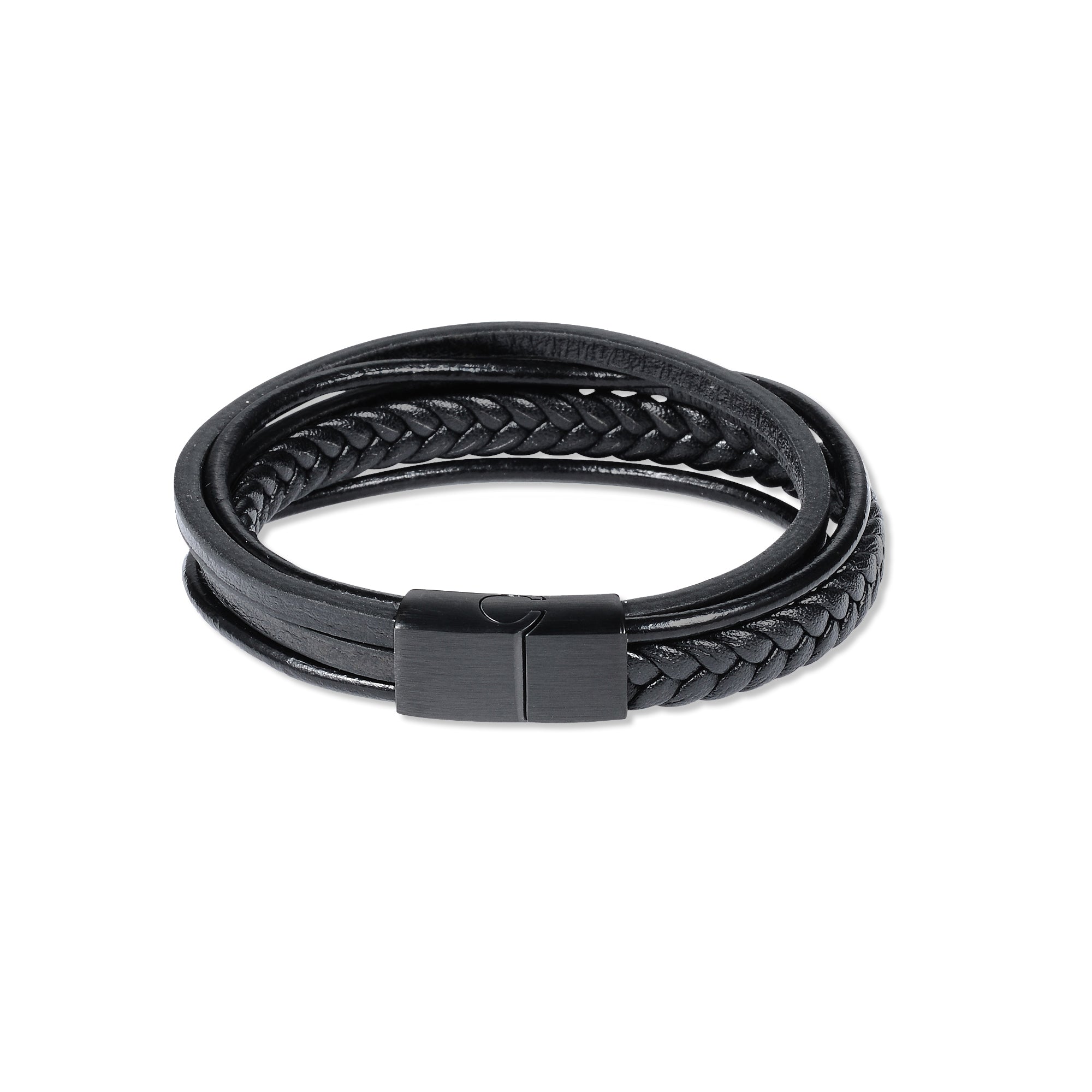 Black Layered Leather Braided Stainless Steel Bracelet