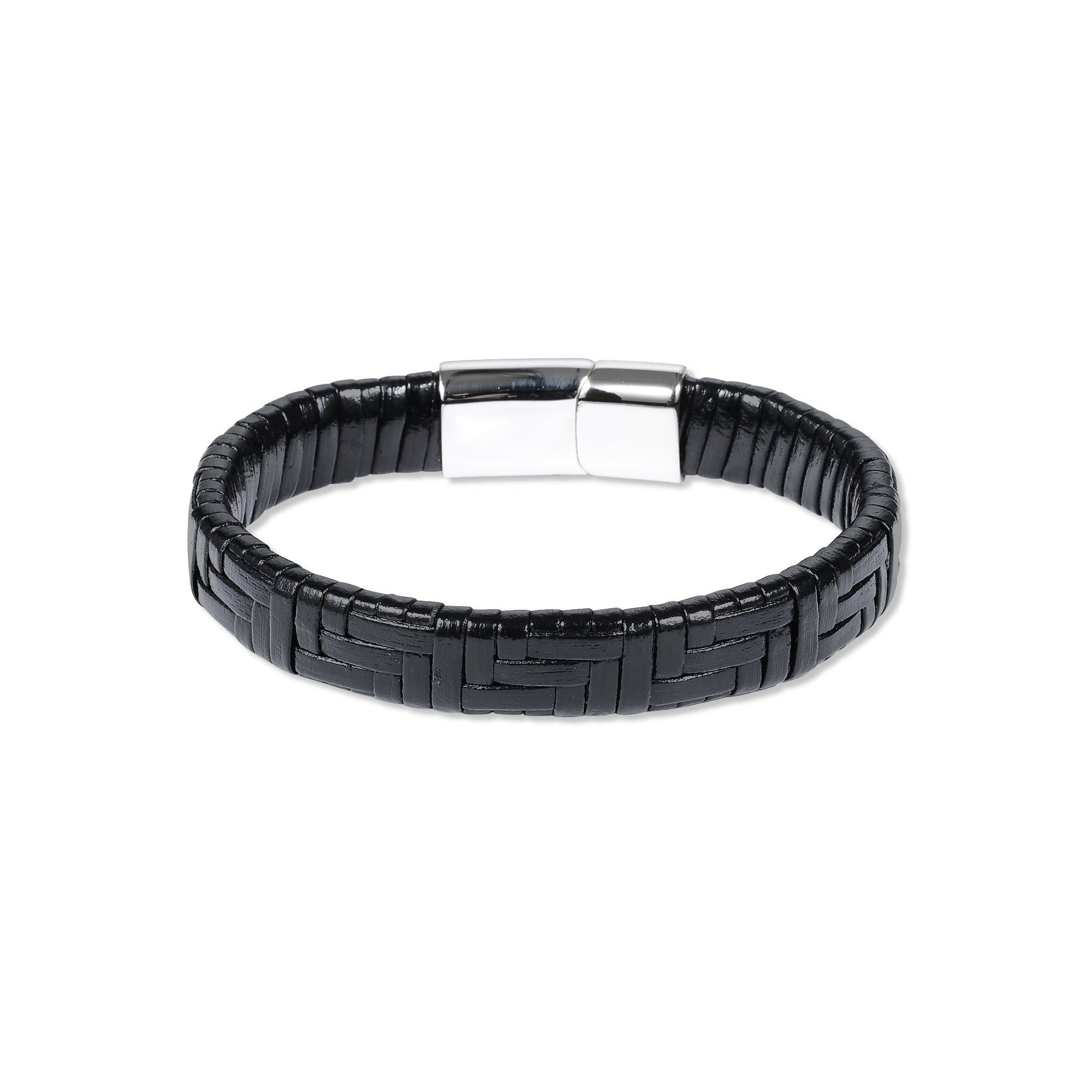 Black Leather Herringbone Stainless Steel Bracelet