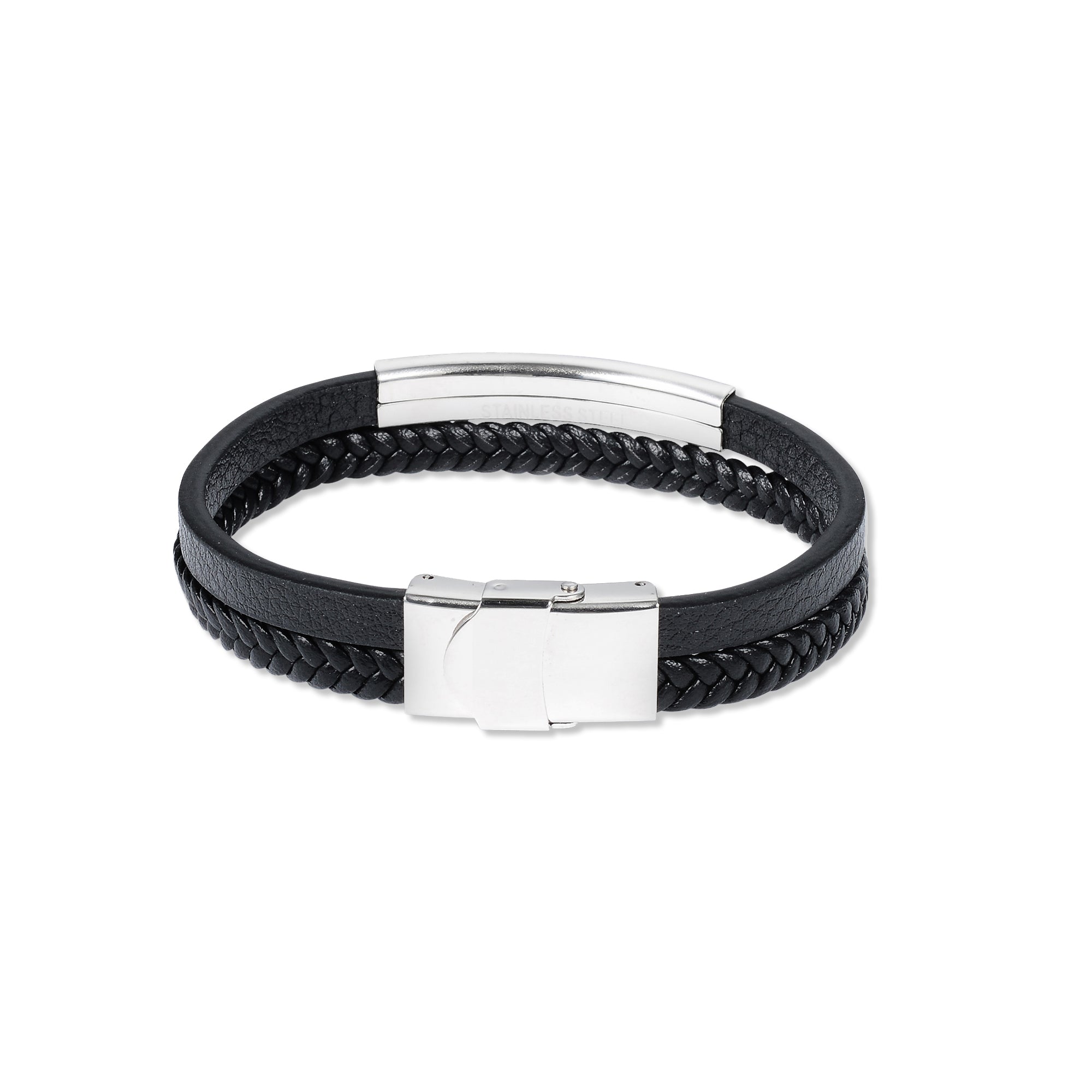 Black Layered Bar Braided Leather Bracelet