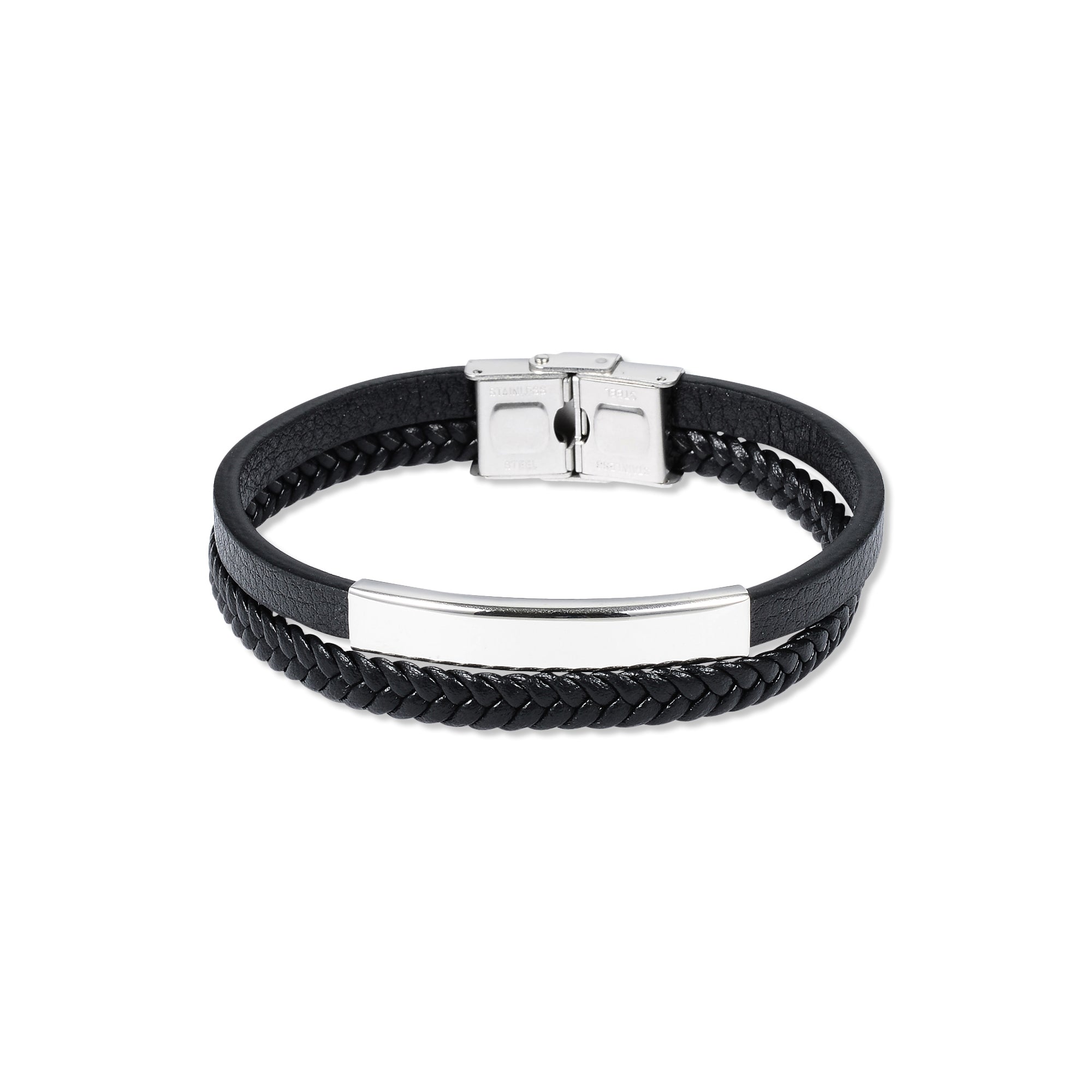 Black Layered Bar Braided Leather Bracelet