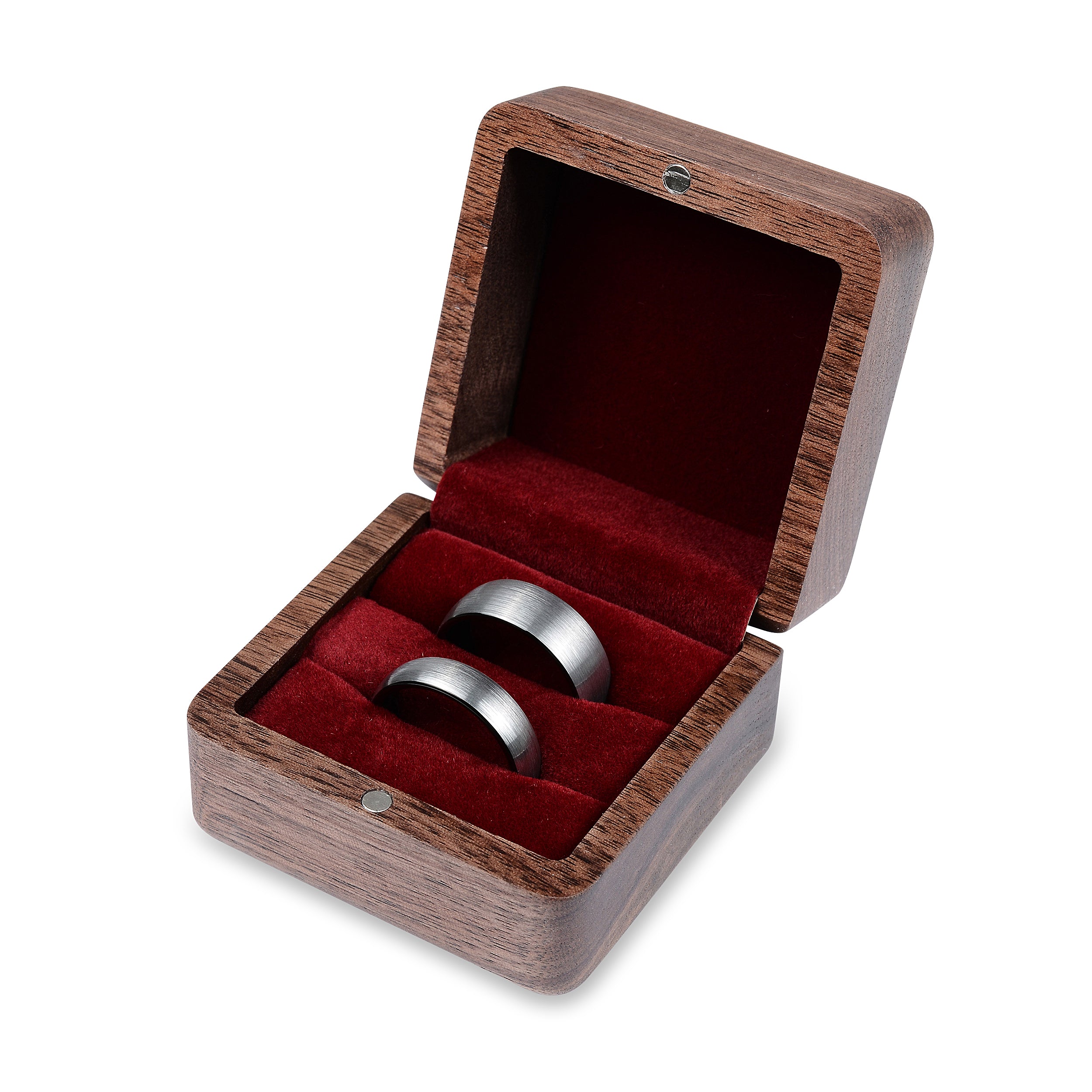 Red Double Ring Case - Premium Real Wood Velvet Cushion Ring Box With Magnetic Lid