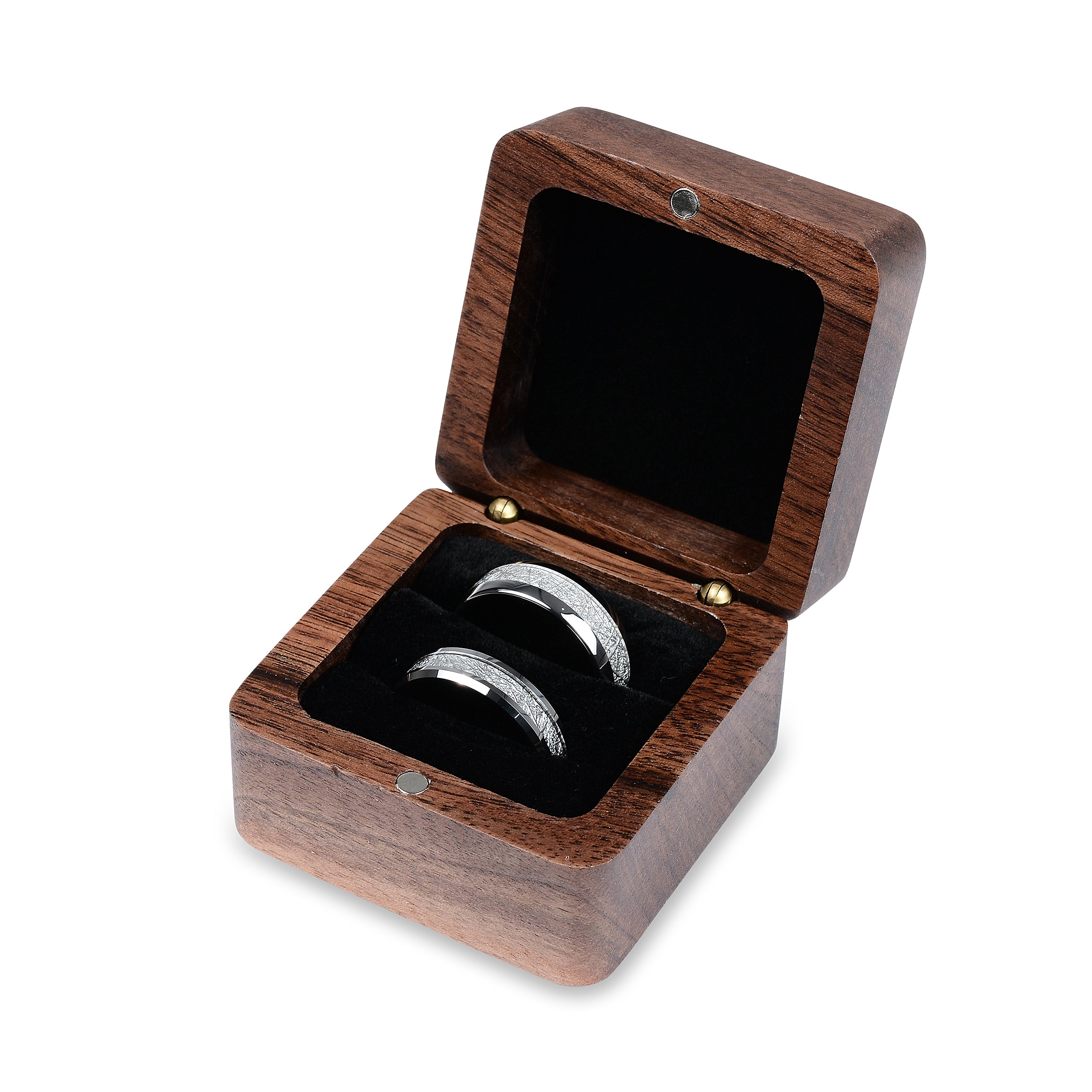 Black Double Ring Case - Premium Real Wood Velvet Cushion Ring Box With Magnetic Lid