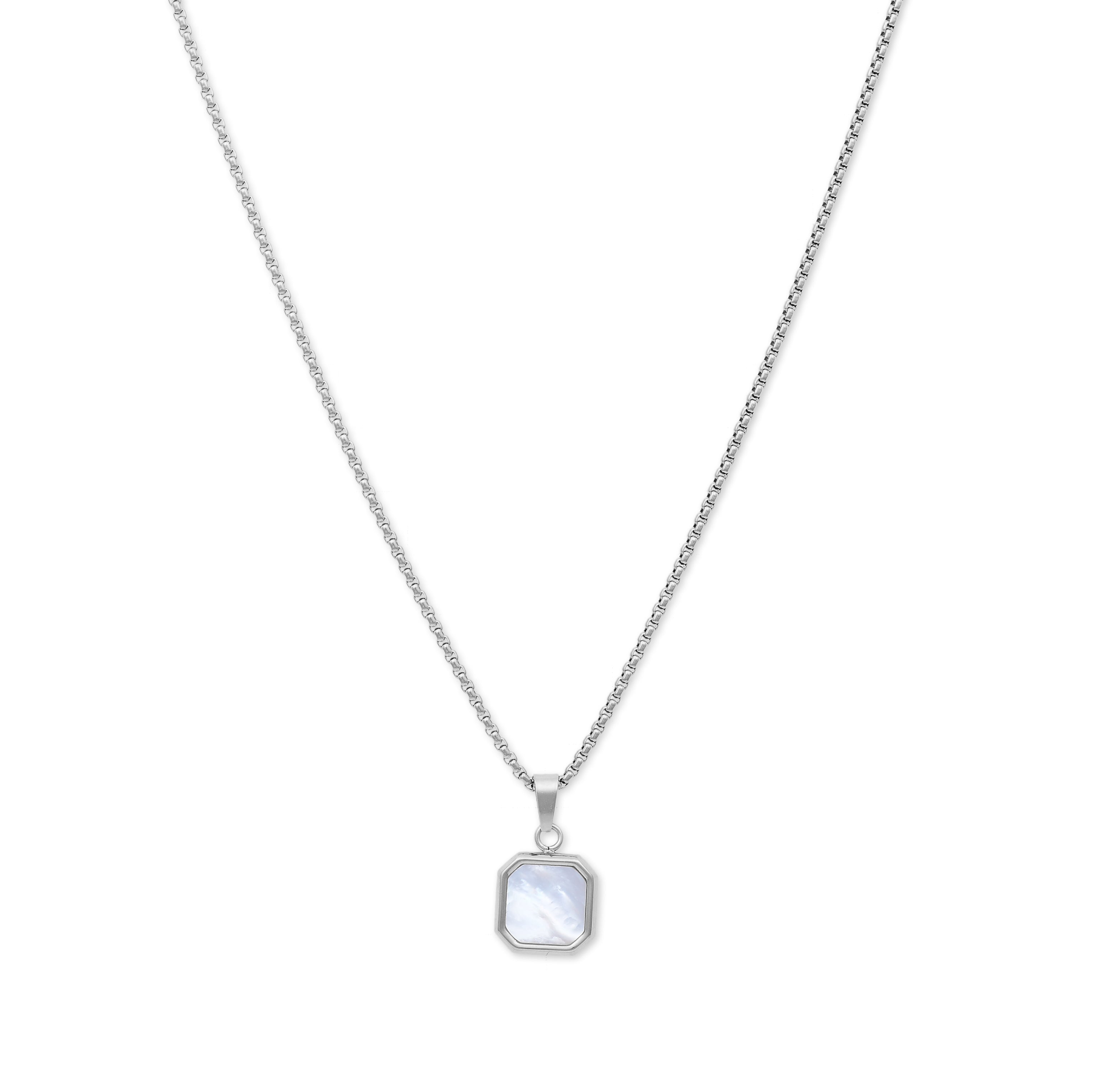 Square Mother Of Pearl Pendant Necklace (Silver)