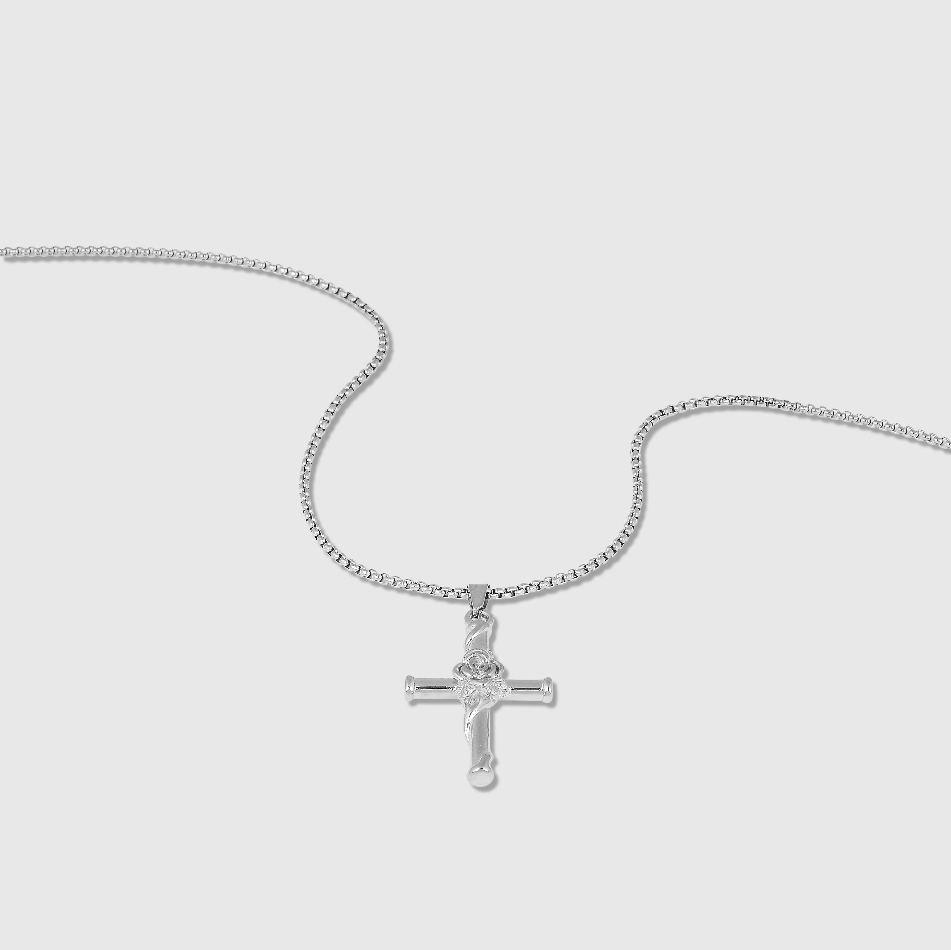 Cross Rose Pendant Necklace (Silver)