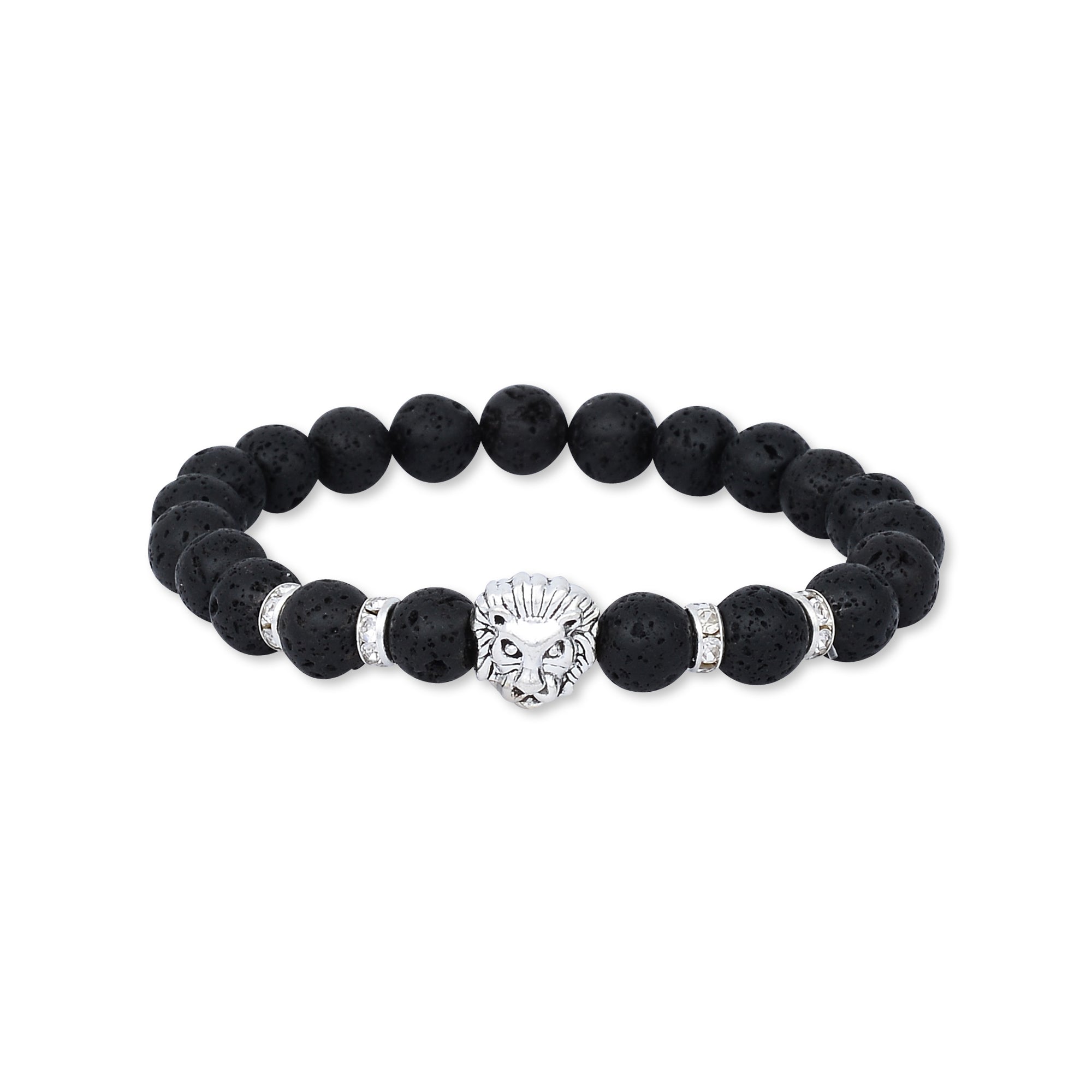 Silver Lion Black Lava Beaded Bracelet