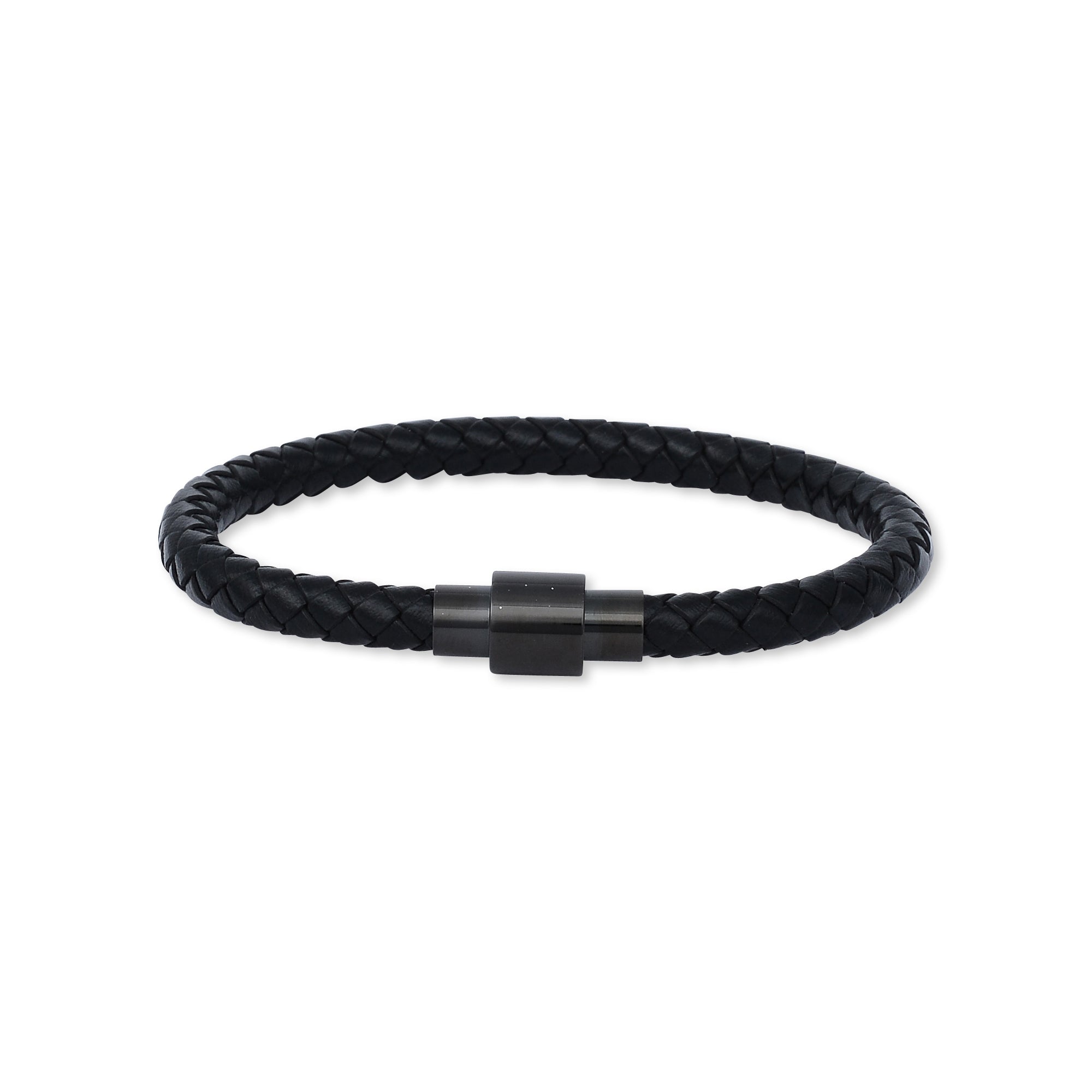 Black Weave Leather Silver Steel Bracelet