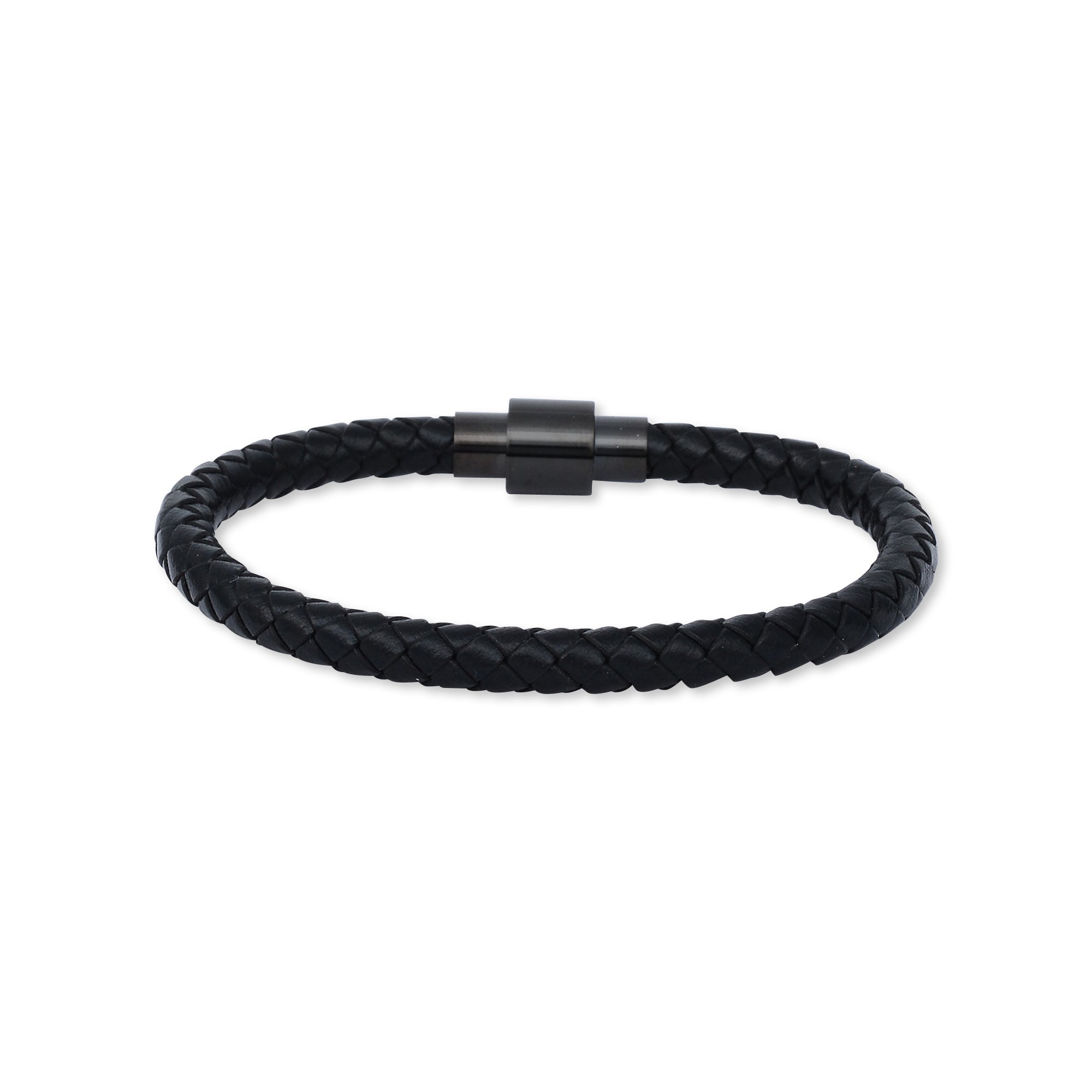 Black Weave Leather Silver Steel Bracelet