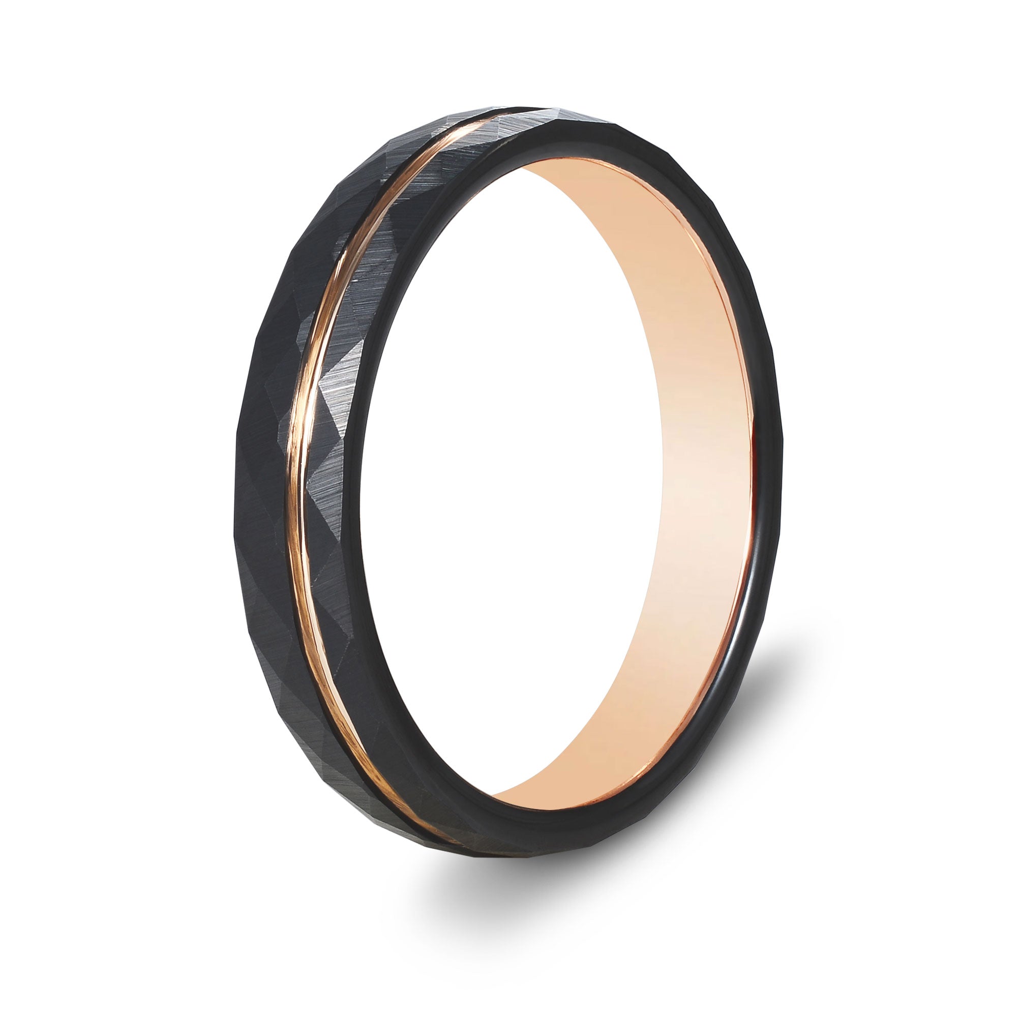 The Magnate - Women's Black 4mm Faceted With Rose Gold Inlay Tungsten Ring