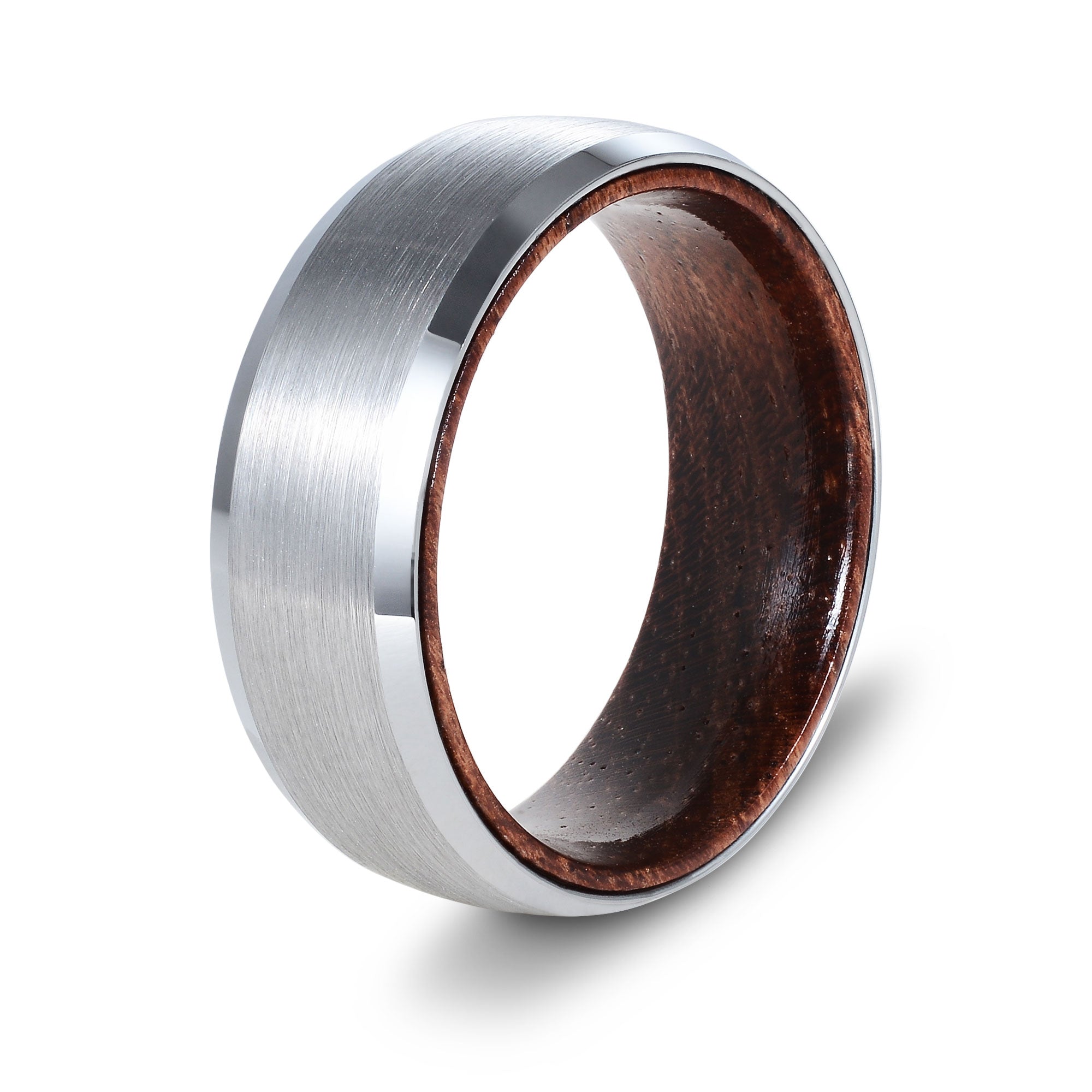 The Allure - Silver Curved Brushed Tungsten Koa Wood Ring